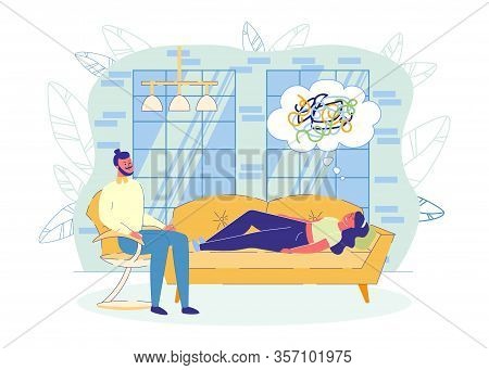 Individual Psychotherapists Session With Patient. Treated Woman Laying On Couch And Discussing Psych