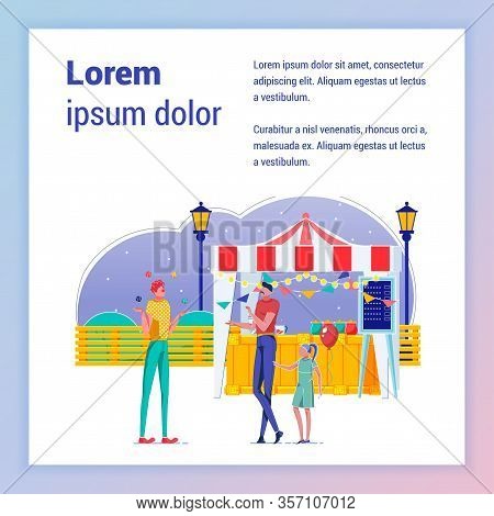 Bazzar, Fair Food Stand Vector Banner Template. People In Recreational Park Square Poster Layout Wit