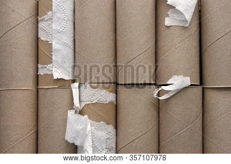 A Close Up Image Of Several Empty Brown Toilet Tissue Rolls.