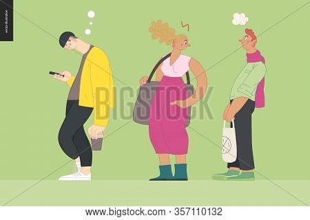 Waiting In Line - Modern Flat Vector Concept Illustration Of A Young Men A Women Standing In Line Wi