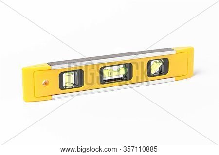 Horizontal View Of A Yellow Spirit Level Isolated On White Background