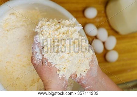 Woman Making Dough For Chewy Cheese Bread Called Chipa.