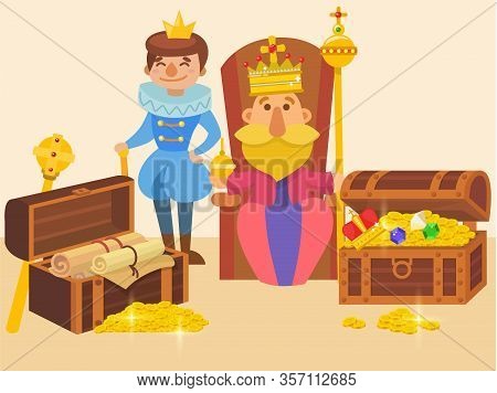 King Sitting On Throne And His Son In Crowns, With Wealth Riches Vector Illustration. Father King Ho