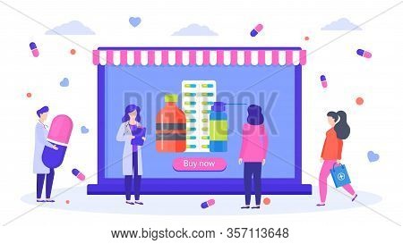 Online Pharmacy Healthcare Medicines Store Vector Illustration Banner. Pharmaceutical Shop With Drug