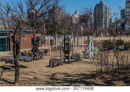 Daejeon, South Korea; March 16, 2020: Adult Exercise Equipment In Front Of Public Restrooms In Dunsa