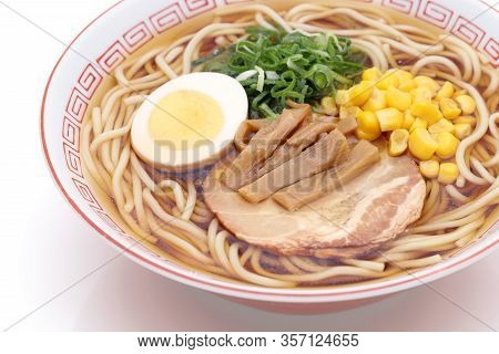 Japanese Soy Sauce Ramen Noodles In A Bowl On White Background