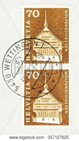 Seattle, Washington -march 22, 2020: Close Up Of Swiss Postage Stamps On Envelope Featuring Historic