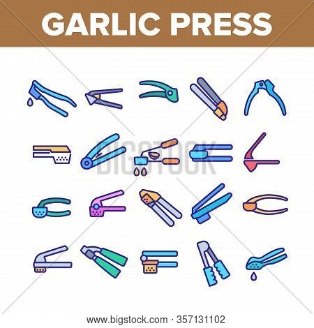 Garlic Press Utensil Collection Icons Set Vector. Garlic Press Kitchenware Equipment, Stainless Kitc