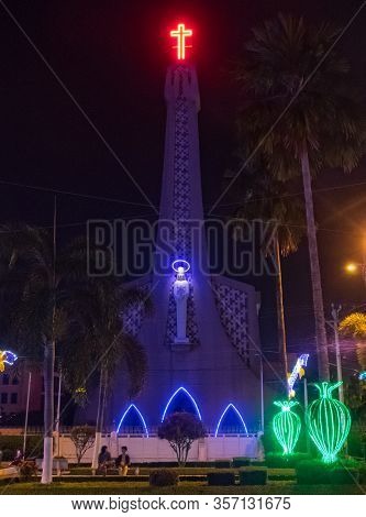 Long Xuyen, Vietnam - February 3, 2016: The Queen Of Peace Roman Catholic Cathedral Lit Up Against T