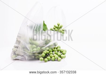 Bag Of Fresh Turkey Berry,pea Eggplants Or Turkey Berry Isolated On White Background.