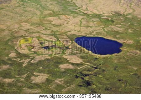 Tundra landscape in summer, Taymyr peninsula, aerial view
