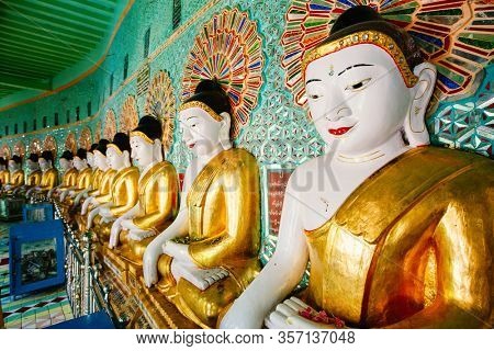 Buddha statues in inside U Min Thonze pagoda in Sagaing Myanmar