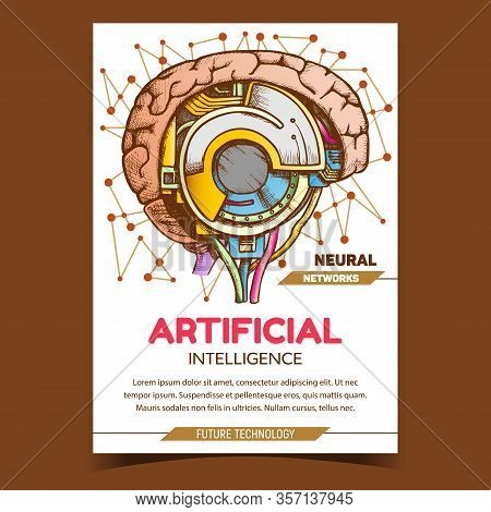 Artificial Intelligence Advertising Banner Vector. Technology Cyber Intelligence Brain Side View. Cy