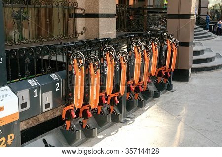Samocat Sharing Electric Scooter Rental Station On City Street. Kazan, Russia, 07.08.2019