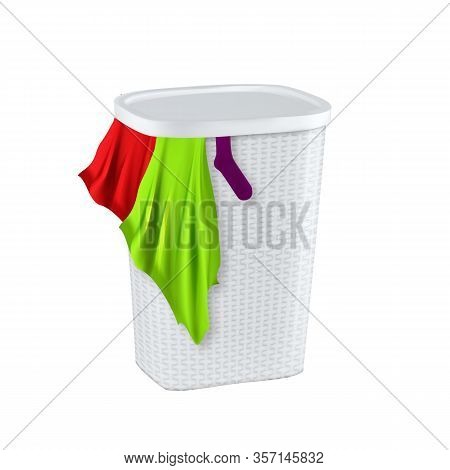 Laundry Basket Filled Dirty Textile Clothes Vector. Blank Plastic Basket For Storaging Fabric Clothi