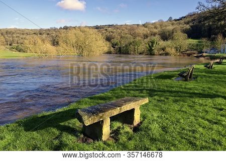 River Wye In Flood At Lower Lydbrook, Gloucestershire, Uk