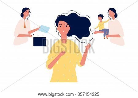 Female Choice. Girl Choose Between Career And Family. Gender Stereotypes, Work Or Maternity And Make