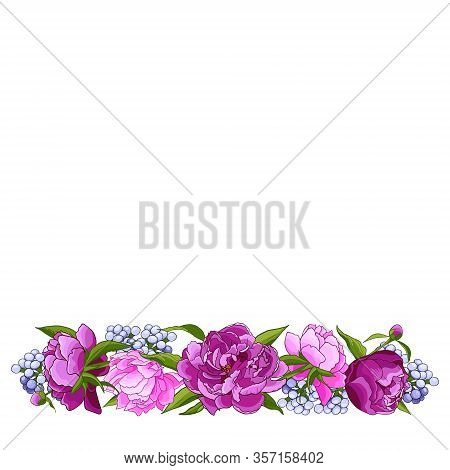 Frame With Pink Pionies, Leaves, Buds. Flower Frame. Floral Motif Border. Idea For Event Invitation,