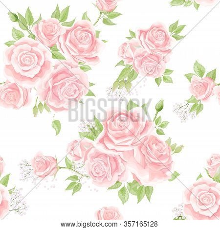 Seamless Pattern With Cream Pink Roses. Vintage Floral Background