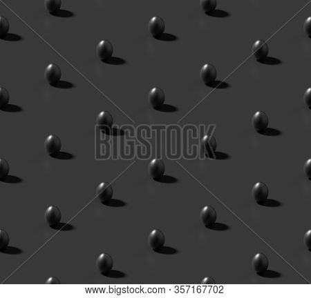 Many Black Chicken Eggs With Shadow On Black Colorless Isometric Seamless Background, Achromatic Bla