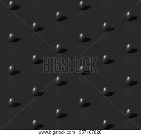 Many Black Chicken Eggs With Shadow On Black Colorless Seamless Isometric Background, Achromatic Bla