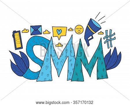 Smm Text Isolated On White Background. Hand Drawn Social Media Marketing Phrase. Vector Stylized Typ