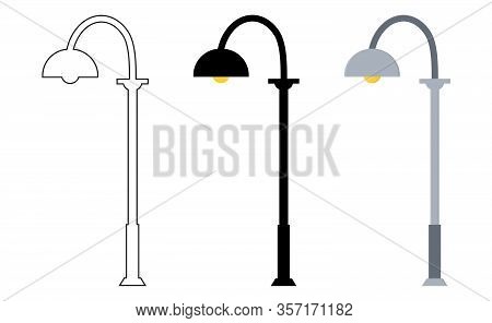 Outline, Black Silhouette, Cartoon Streen Lights Set Isolated On White Background. Vintage Street Li