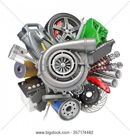 Auto service and car repair workshop concept. Car parts, spares and accesoires. 3d illustration