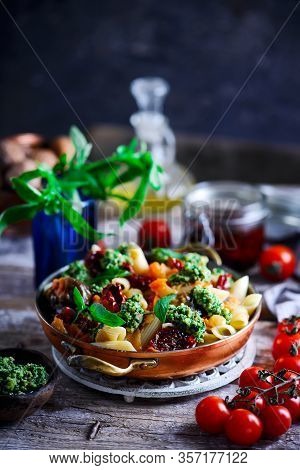 Pasta With Grilled Eggplant, Smoky Tomato Sauce And Basil Walnut Pistou. Style Vintage.selective Foc