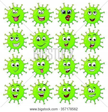 Virus Corona Cell Cartoon Character Design With Happyface. Coronavirus Vector Illustration With Faci