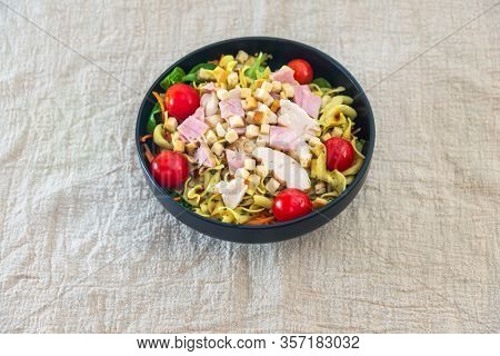 cereal specialties cooked with salad, roasted chicken aiguillette cured with salted and bacon