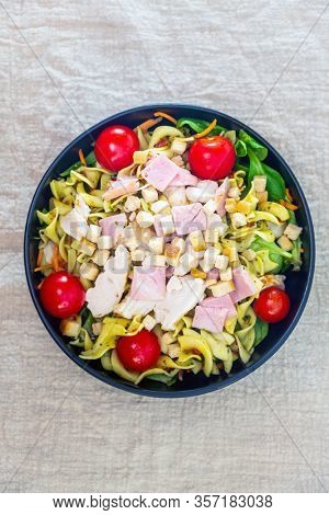 cereal specialties cooked with salad, roasted chicken aiguillette cured with salted and bacon