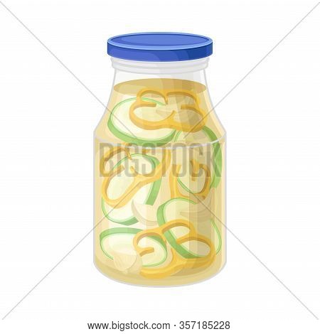 Glass Jar With Brined Salad Of Sliced Bell Pepper And Cucumbers Vector Illustration
