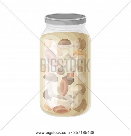 Glass Jar With Brined Whole Mushrooms Vector Illustration