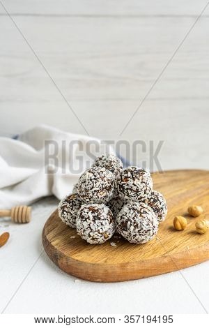 Energy Vegan Balls On Wooden Board Copyspace