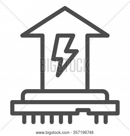 Cpu Power Consumption Line Icon. Microchip And Up Arrow With Energy Symbol, Outline Style Pictogram 