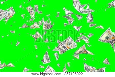 Flying Dollars Banknotes Isolated On Chromakey. Money Is Flying In The Air. 100 Us Banknotes New Sam