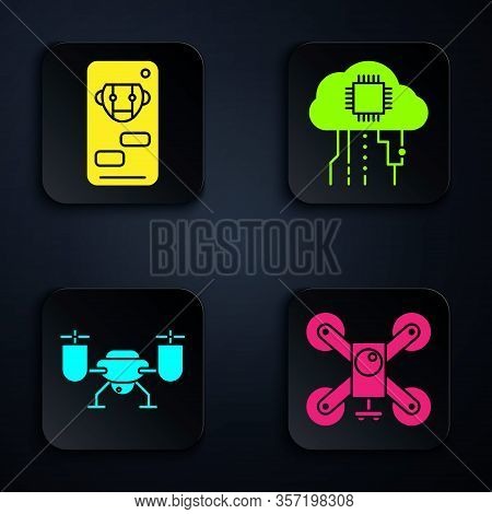 Set Drone Flying With Action Camera, Bot, Drone Flying With Action Camera And Internet Of Things. Bl