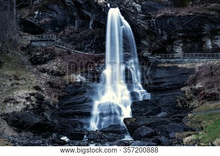 Steindalsfossen waterfall in evening, Norway