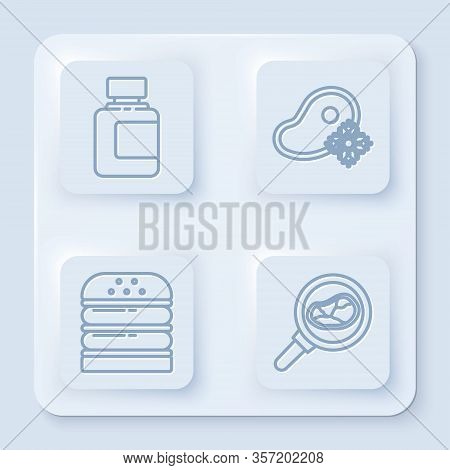 Set Line Sauce Bottle, Fresh Frozen Steak Meat, Burger And Steak Meat In Frying Pan. White Square Bu