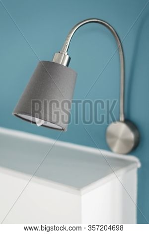 Modern Design Bed Lamps Detail In Contemporary Bedroom Interior At Daytime