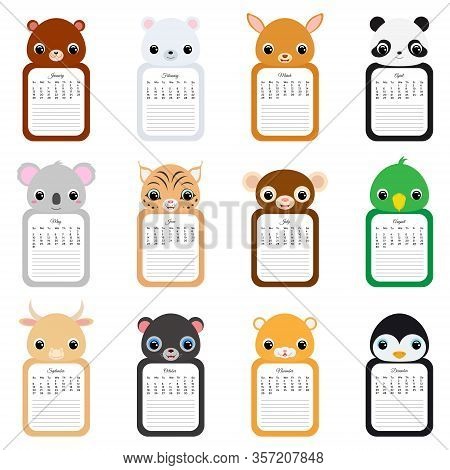 Calendar 2020. Cute Monthly Calendar With Animals. Good For Kids. Flat Vector Stock Illustration.