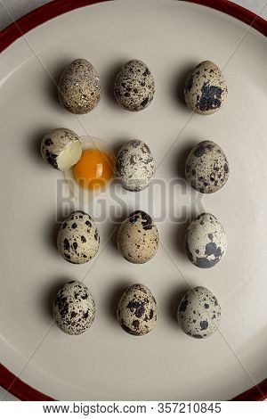 Quail Eggs In A Row On White Plate. One Egg Is Broken, The Yellow Yolk Leaked. Close-up, Flat Lay