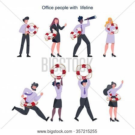 Business People Holding A Lifeline. Lifeline As A Metaphor For Help