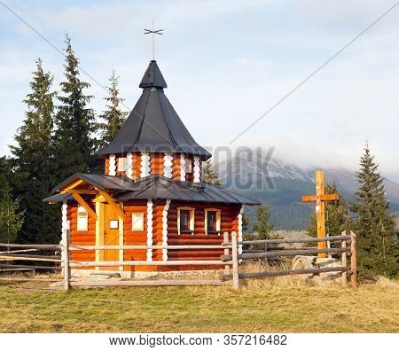 Small Wooden Church Or Chapel In Ukraine Carpathian Mountains