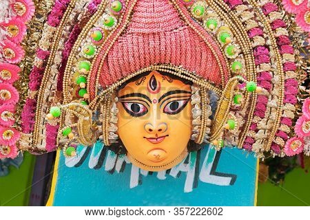 Purulia, West Bengal, India - August 15th 2017 : Colorful Chhau (or Chhou) Mask , Handicrafts On Dis