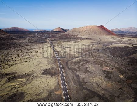 Aerial View Of The Road Leading To Timanfaya National Park On The Island Of Lanzarote.