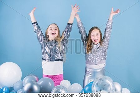 Start This Party. Sisters Organize Home Party. Having Fun Concept. Balloon Theme Party. Girls Little