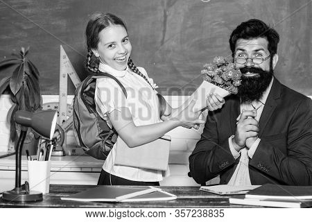 Small School Girl Kid With Flower Bouquet. Back To School. Happy Teachers Day. Knowledge Day Is 1 Se