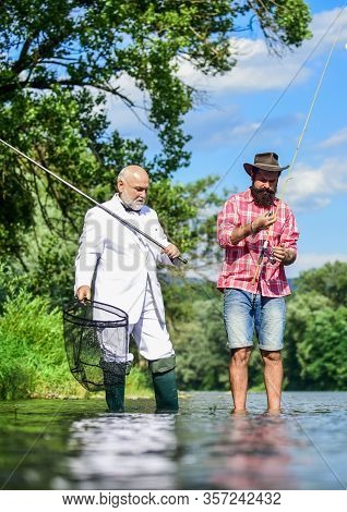 Friends Fishing. Fishing As Holiday. Fisherman In Formal Suit. Successful Catch. Elegant Bearded Man